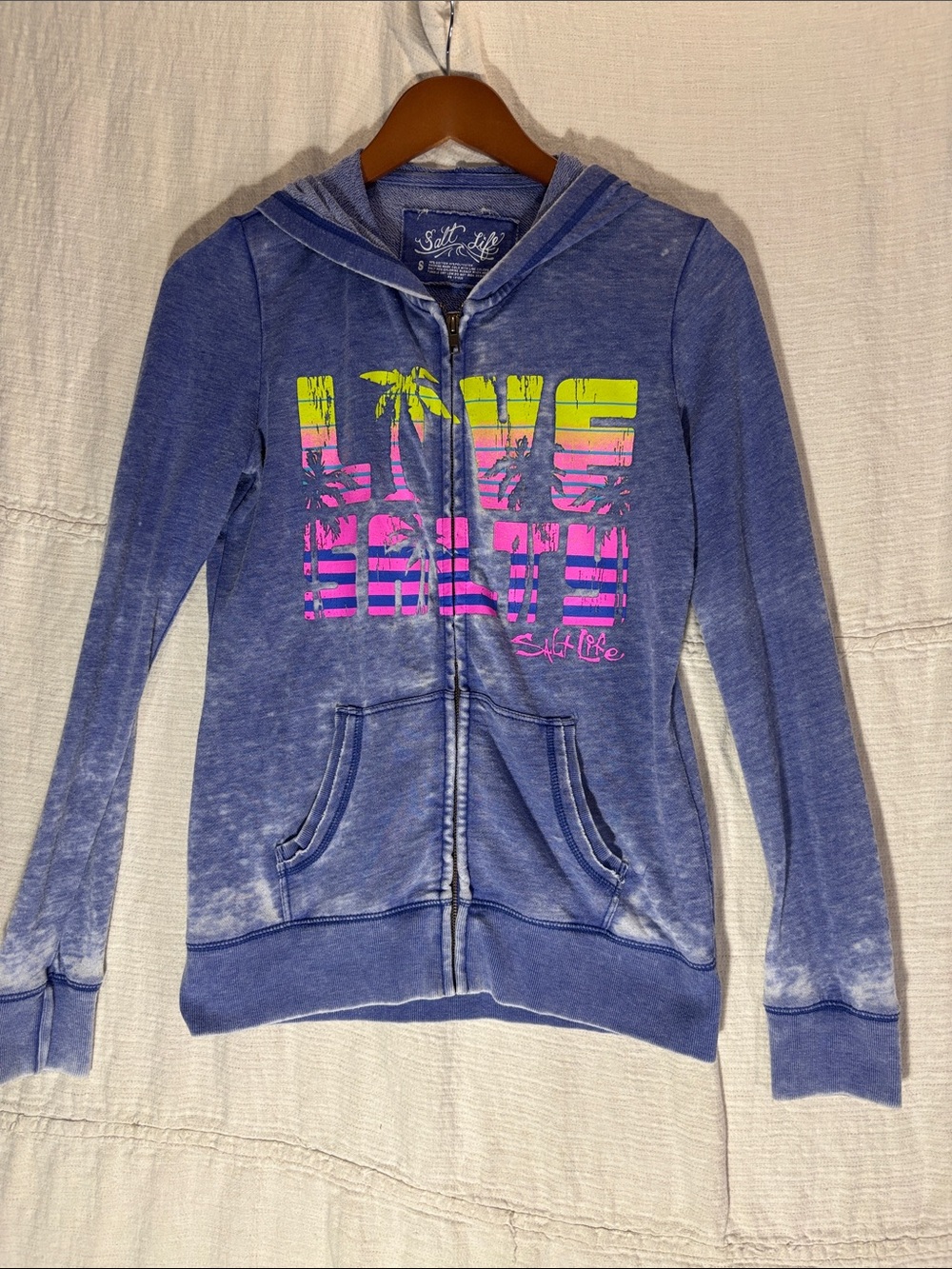 Salt Life Women’s “Love Life” Blue Zip-Up Hoodie with Neon Graphic